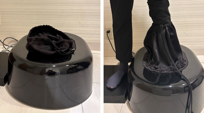 3D計測機で足長、足囲、足幅などを計測している様子の写真