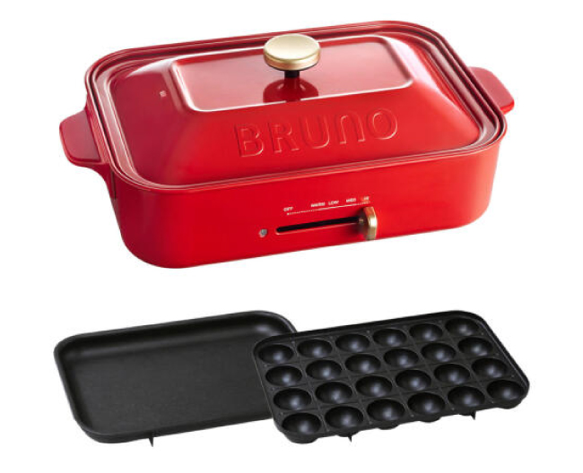 赤いホットプレート本体とセットでつく平面プレートとたこ焼きプレートの写真