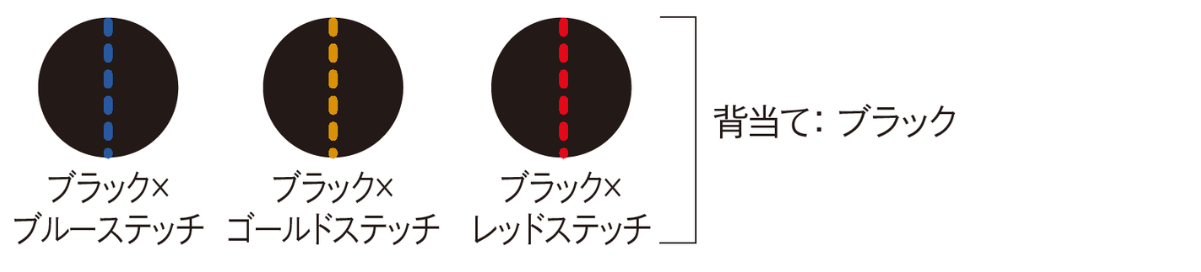 カラー展開：ブラック×ブルーステッチ、ブラック×ゴールドステッチ、ブラック×レッドステッチ（背当てはすべてブラック）