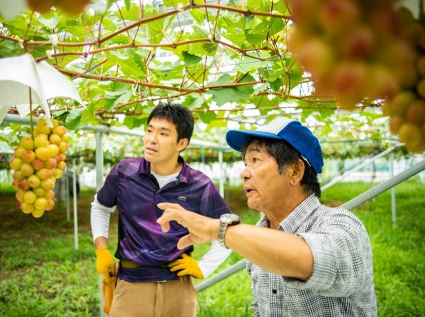 飯塚果樹園の飯塚芳幸さん（右）と高橋恵太さん（左）