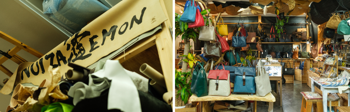 店内に飾られているベージュ色のヌメ革に前の店名NUIZAEMONの筆文字が書かれた看板と、天井に革がかけられ壁や店内にたくさんのバッグが並ぶHaritoの店内