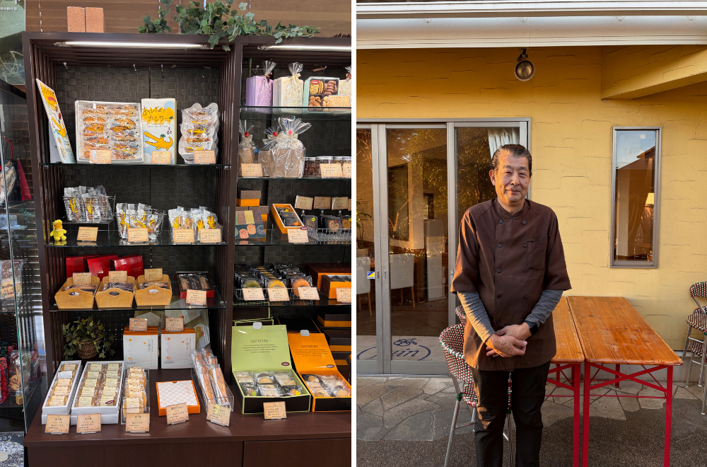 パティスリージュアン本店のテラスに立つ古田さんと店内で販売する焼き菓子などの商品棚
