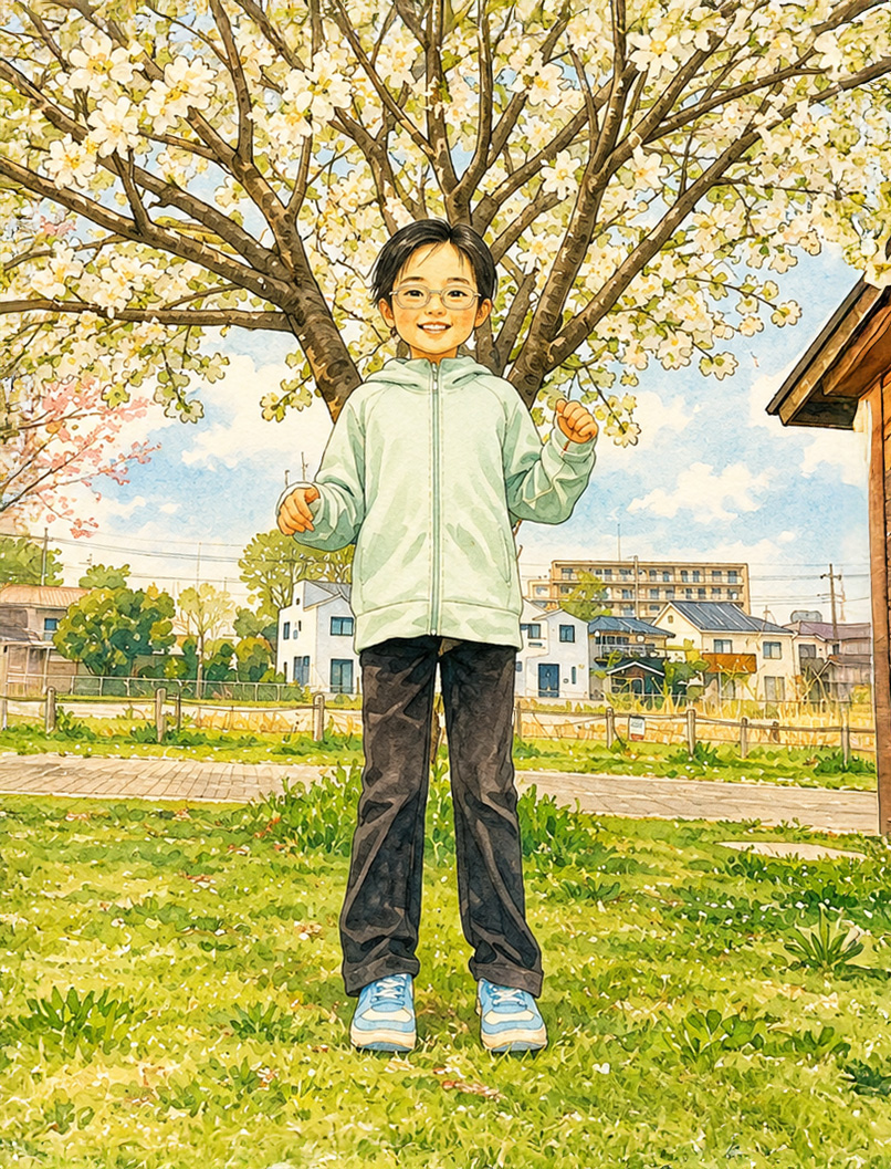オグラ眼鏡店こどもメガネ アンファンHさんの娘さんが満開の桜の木の下に立ち愛らしい笑顔を見せる様子のイラスト
