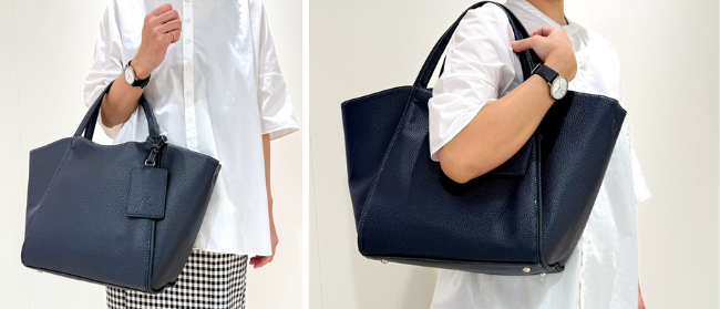 キタムラのセミショルダーバッグを腕にかける様子と肩にかける様子