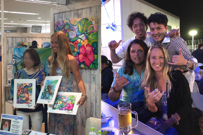 初来日をしてくれたコリーン・ウィルコックス さんのサイン会風景と高島屋京都店の屋上ビアガーデンにて出展者たちと交友を深める際の写真