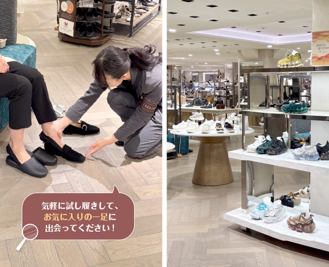 （左）接客をする久貝の写真（右）シューメゾンの写真