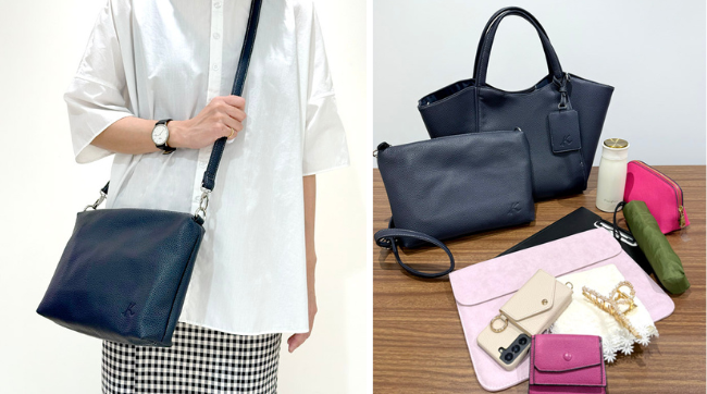 ショルダーバッグを身につけた様子と水筒やPCケースなどと並べたセミショルダーバッグとショルダーバッグ