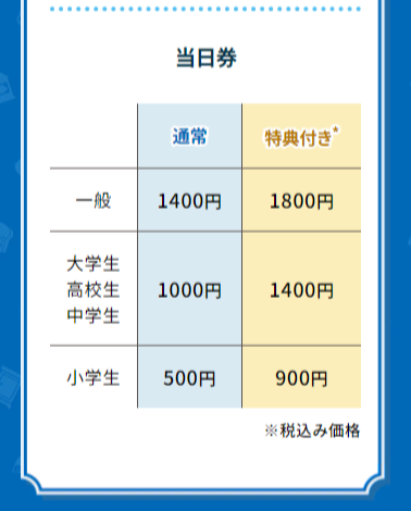 当日券価格:一般:1400円(通常)1800円(特典付き)大学生高校生中学生:1000円(通常)1400円(特典付き)小学生:500円(通常)900円(特典付き)