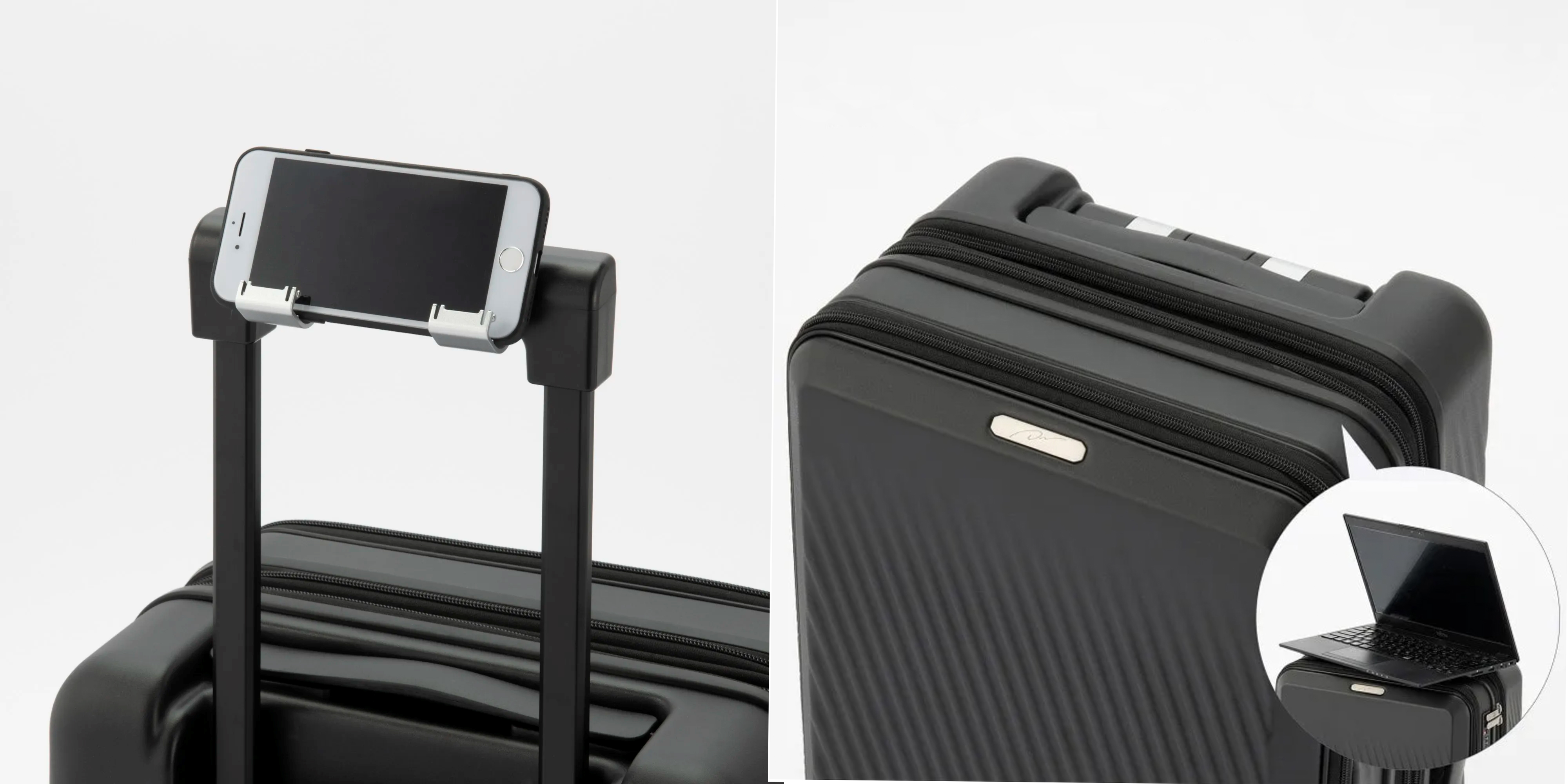 ハンドルに付いているスマートフォンスタンドと、フラットになったトップハンドルの写真