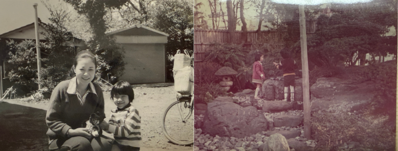 幼少期、母と一緒に写る友野さんと庭で遊ぶ友野さんの様子