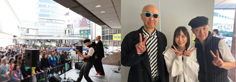柏高島屋で開催された音街かしわLIVEの様子とピースサインをして写真に収まる爆風スランプのサンプラザ中野くんさんとパッパラー河合さんと岡田さん