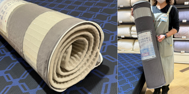 エアーサイクロンを丸めた様子と収納カバーに入れて軽々持つ様子