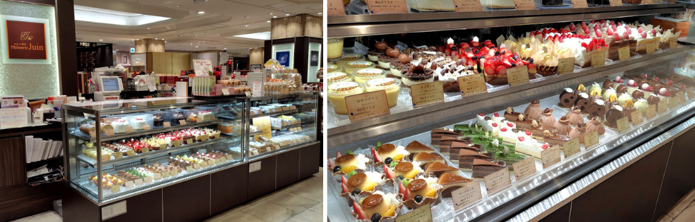 柏高島屋本館1階にあるパティスリージュアン売場の様子とショーケースに並ぶチョコレートやイチゴをふんだんに使った美しいケーキ