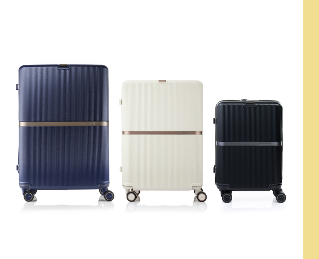 ロゴ入りのメタル装飾が施されたスーツケース