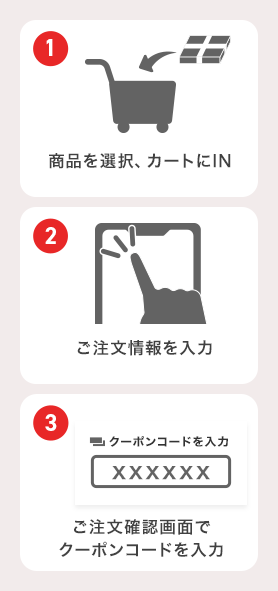 1商品を選択、カートにIN、2ご注文情報を入力、3ご注文確認画面でクーポンコードを入力