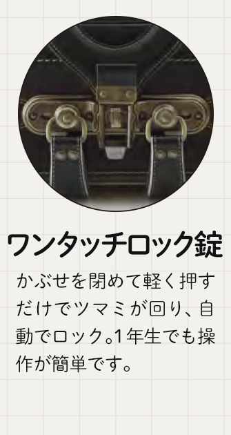 ワンタッチロック錠　かぶせを閉めて軽く押すだけでツマミが回り、自動でロック。1年生でも操作が簡単です。