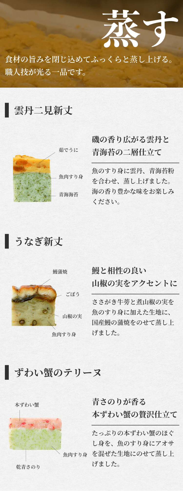 蒸す 食材の旨みを閉じ込めてふっくらと蒸し上げる。職人技が光る一品です。 雲丹二見新丈 磯の香り広がる雲丹と青海苔の二層仕立て 魚のすり身に雲丹、青海苔粉を合わせ、蒸し上げました。海の香り豊かな味をお楽しみください。 うなぎ新丈鰻と相性の良い山椒の実をアクセントに ささがき牛蒡と煮山椒の実を魚のすり身に加えた生地に、国産鰻の蒲焼をのせて蒸し上げました。 ずわい蟹のテリーヌ 青さのりが香る本ずわい蟹の贅沢仕立て たっぷりの本ずわい蟹のほぐし身を、魚のすり身にアオサを混ぜた生地にのせて蒸し上げました。