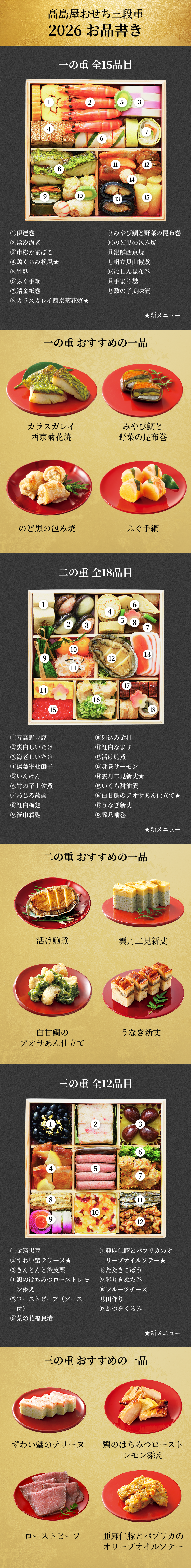 高島屋おせち三段重 一の重 全15品目 ①伊達巻②浜汐海老③市松かまぼこ④鶏くるみ松風★⑤竹麩⑥ふぐ手綱⑦鯖金紙巻⑧カラスガレイ西京菊花焼★⑨みやび鯛と野菜の昆布巻⑩のど黒の包み焼⑪銀鮭西京焼⑫帆立貝山椒煮⑬にしん昆布巻⑭手まり麩⑮数の子美味漬 一の重 おすすめの一品 カラスガレイ西京菊花焼 みやび鯛と野菜の昆布巻 のど黒の包み焼 ふぐ手綱 二の重 全18品目 ①寿高野豆腐②裏白しいたけ③海老しいたけ④湯葉寄せ鰤子⑤いんげん⑥竹の子土佐煮⑦あじろ蒟蒻⑧紅白梅麩⑨笹巾着麩⑩射込み金柑⑪紅白なます⑫活け鮑煮★⑬身巻サーモン⑭雲丹二見新丈★⑮いくら醤油漬⑯白甘鯛のアオサあん仕立て★⑰うなぎ新丈⑱豚八幡巻 二の重 おすすめの一品 活け鮑煮 雲丹二見新丈 白甘鯛のアオサあん仕立て うなぎ新丈 三の重 全12品目 ①金箔黒豆②ずわい蟹テリーヌ★③きんとんと渋皮栗④鶏のはちみつローストレモン添え⑤ローストビーフ（ソース付）⑥菜の花福良漬⑦亜麻仁豚とパプリカのオリーブオイルソテー★⑧たたきごぼう⑨彩りきぬた巻⑩フルーツチーズ⑪田作り⑫かつをくるみ 三の重 おすすめの一品 ずわい蟹のテリーヌ 鶏のはちみつローストレモン添え ローストビーフ 亜麻仁豚とパプリカのオリーブオイルソテー