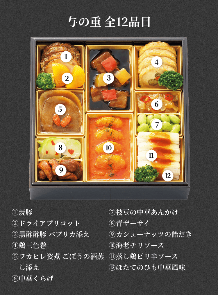 与の重 全12品目 ①焼豚 ②ドライアプリコット ③黒酢酢豚 パプリカ添え ④鶏三色巻 ⑤フカヒレ姿煮 ごぼうの酒蒸し添え ⑥中華くらげ ⑦枝豆の中華あんかけ ⑧青ザーサイ ⑨カシューナッツの飴だき ⑩海老チリソース ⑪蒸し鶏ピリ辛ソース ⑫ほたてのひも中華風味