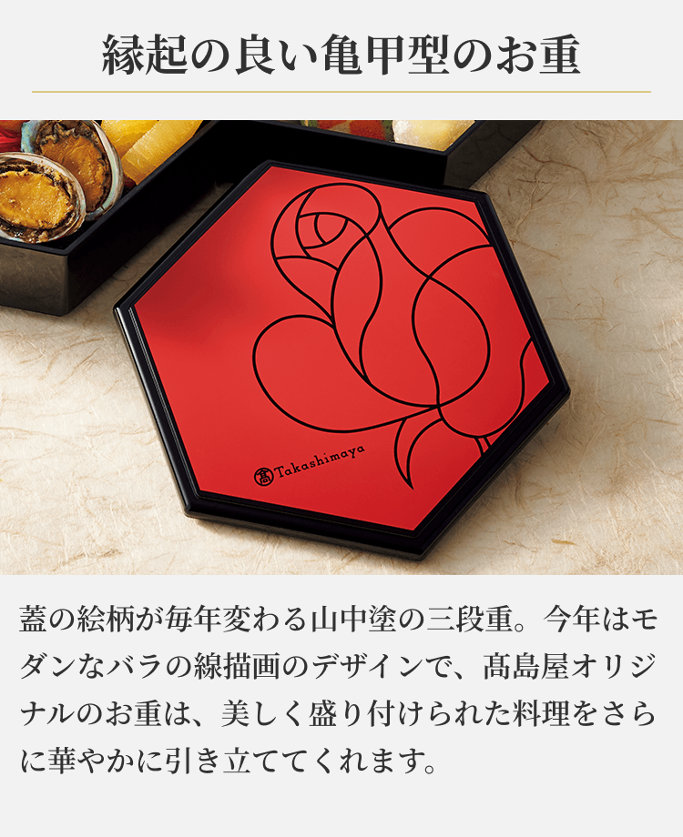 縁起の良い亀甲型のお重 蓋の絵柄が毎年変わる山中塗の三段重。今年はモダンなバラの線描画のデザインで、高島屋オリジナルのお重は、美しく盛り付けられた料理をさらに華やかに引き立ててくれます。