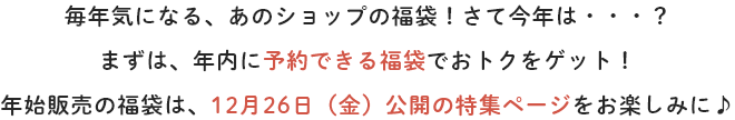 毎年気になる、あのショップの福袋！さて今年は・・・？まずは、年内に予約できる福袋でおトクをゲット！年始販売の福袋は、12月26日（金）公開の特集ページをお楽しみに♪