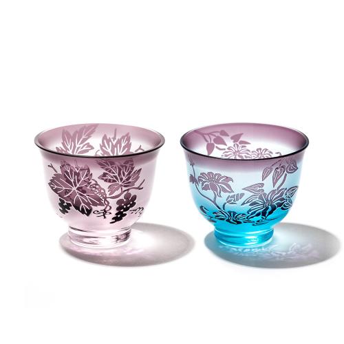 彫刻夢柄子　ぶどう紋・鉄線紋　ぐい呑ペア（PV・BV）