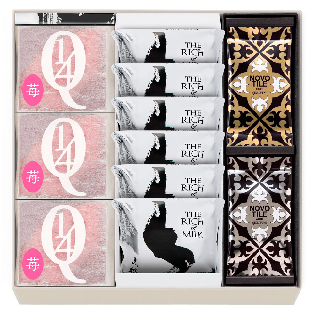 【母の日】黒船詰合せ（クアルトバウム苺3個、ザリッチアンドミルク6枚、ノボタイル ダーク・ホワイト各6枚）