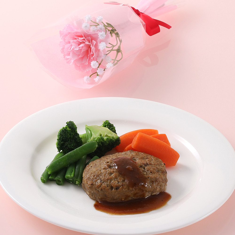 【母の日】米沢牛入りハンバーグとミニ花束セット（造花）