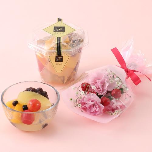 【母の日】やまがた果実フルーツあんみつとミニ花束セット（生花）