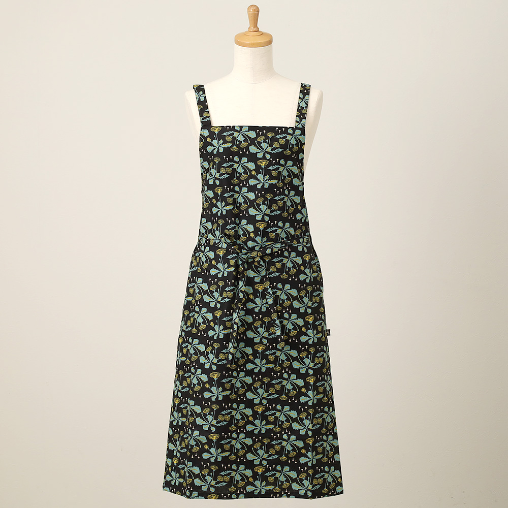 【母の日】マタノアツコ たんぽぽ柄前結びエプロン（ブラック／イエロー）