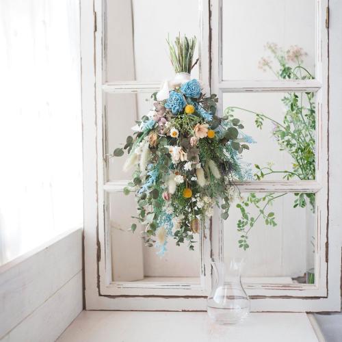 【母の日】スワッグブーケ・ブルー（ガラス花器付き）