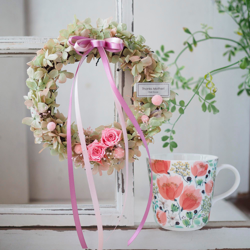 【母の日】ナチュラルリース（ライムロゼ）＆マグカップ（thank you！）