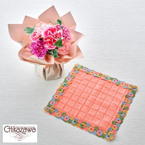 【母の日】生花　そのまま飾れるブーケ　ニュアンスカラーピンク＆＜近沢レース店＞タオルハンカチ「ドーナツ　ピンク」