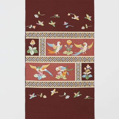 袋帯 「木画インコ」エンジ（未仕立て品）