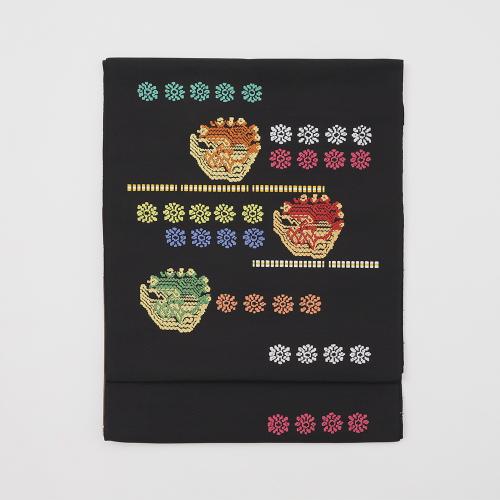 なごや帯「くじゃく文」黒（未仕立て品）