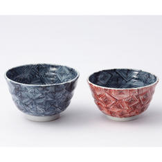 京焼・清水焼 六斎窯 染赤雷文 組飯碗