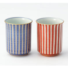 京焼・清水焼 炭渓窯 染赤銀彩鎖文 組湯呑