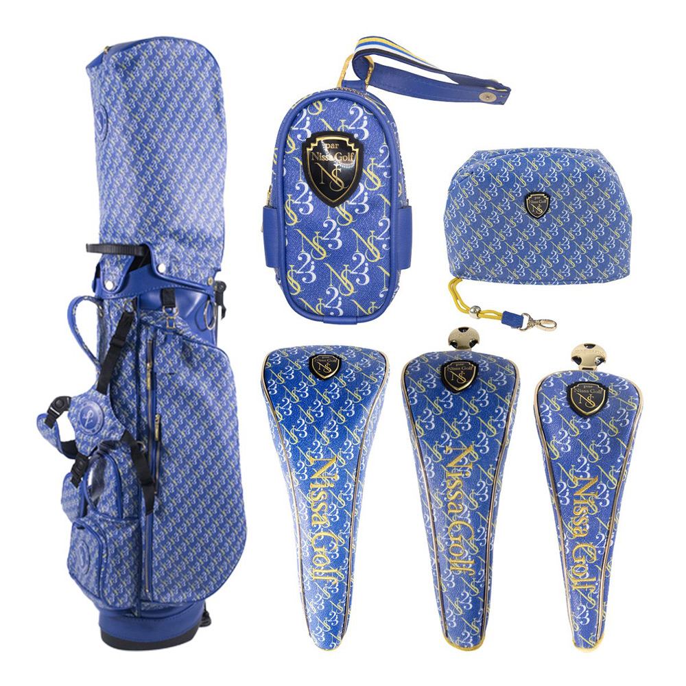 モノグラムキャディバッグ＆ヘッドカバー・ボールケース6点セット＜スタンドタイプ・ブルー＞