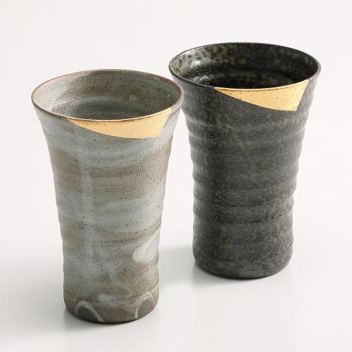 ＜多屋嘉郎＞灰被り 金彩・白刷毛目 金彩 フリーカップペア