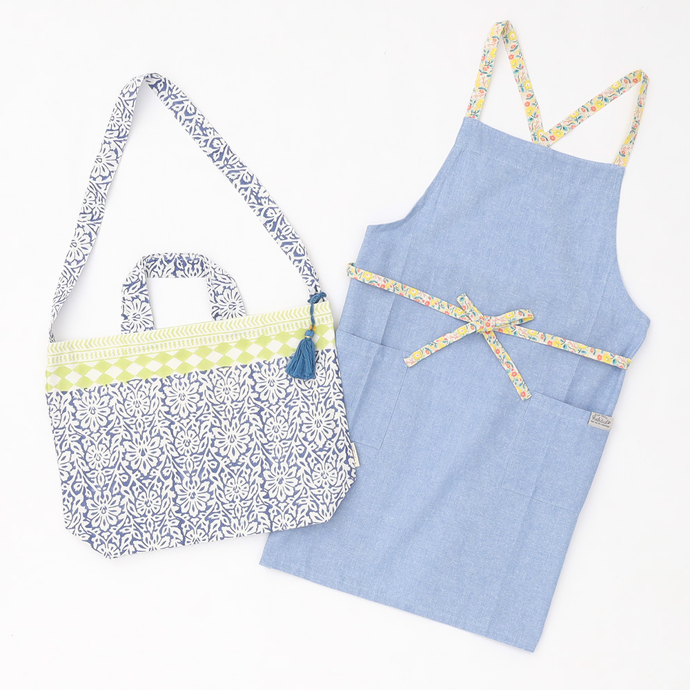 ブロックプリントバッグ＋エプロンフラワーストリング