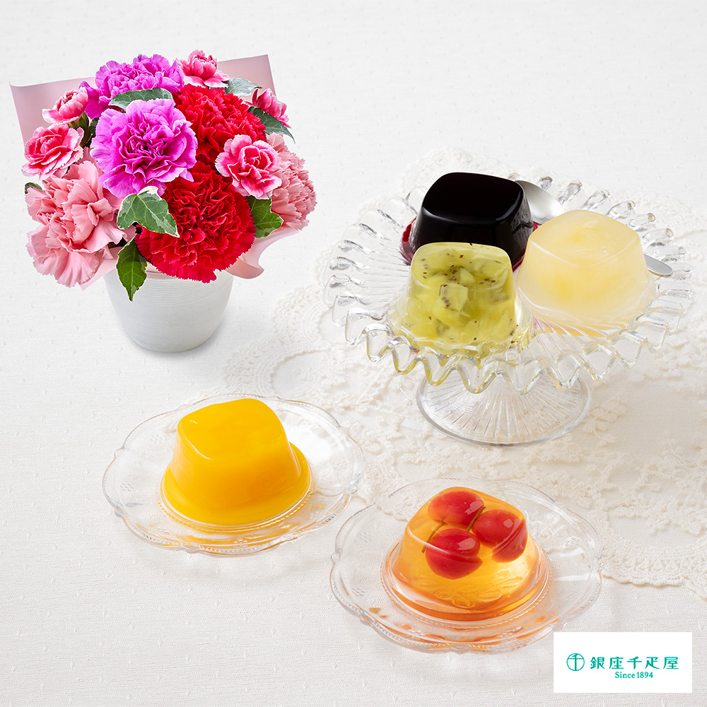 【母の日】生花　アレンジ「ロゼボヌール」＆＜銀座千疋屋＞銀座ゼリー6個