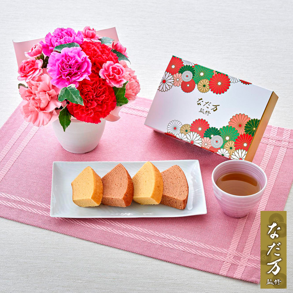 【母の日】生花　アレンジ「ロゼボヌール」＆＜なだ万＞絆のかさなりバーム詰合せ大納言＆和三盆