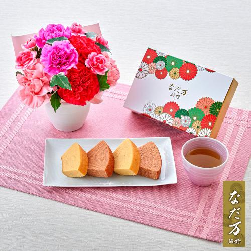 【母の日】生花　アレンジ「ロゼボヌール」＆＜なだ万＞絆のかさなりバーム詰合せ大納言＆和三盆