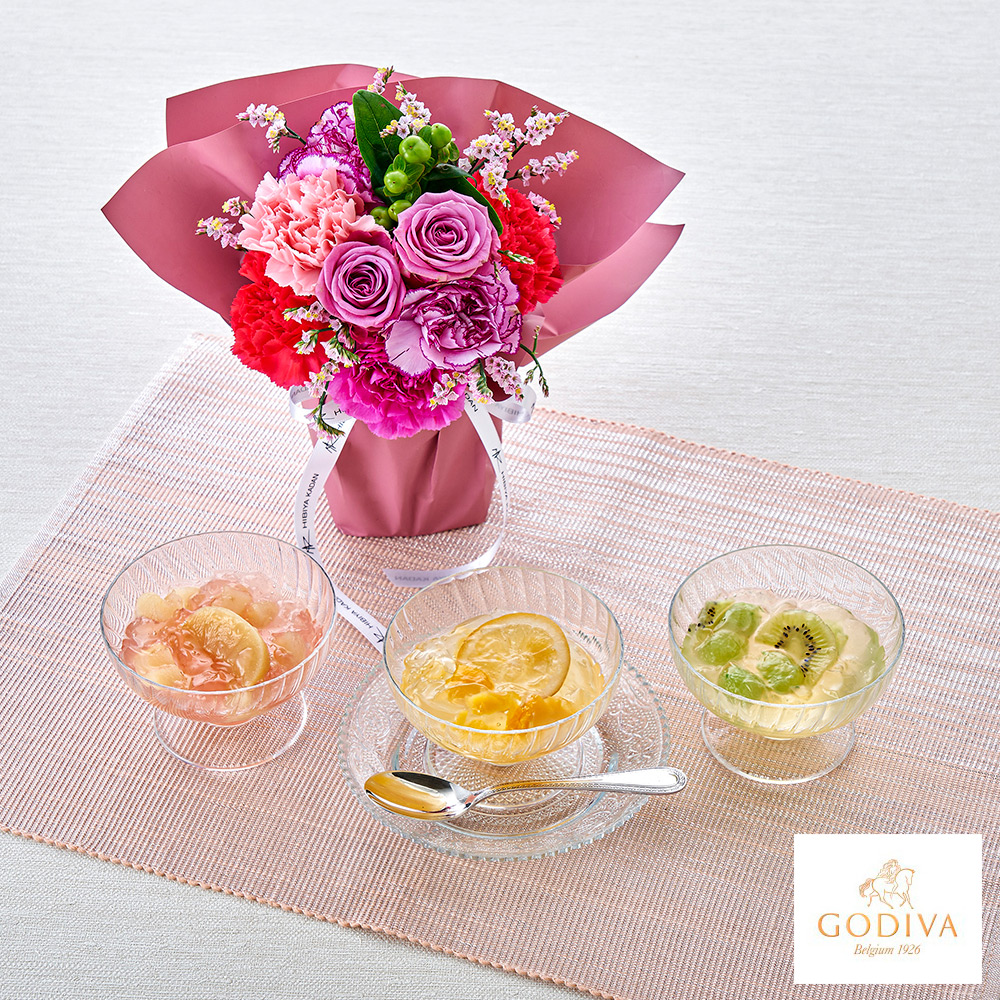 【母の日】生花　マザーズシュシュM＆＜GODIVA＞フルーツジュレ（3個入）