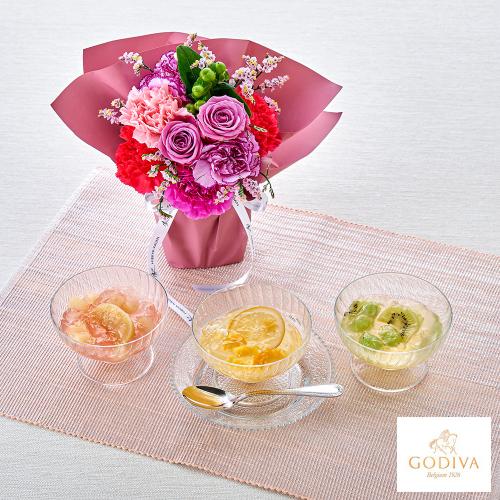 【母の日】生花　マザーズシュシュM＆＜GODIVA＞フルーツジュレ（3個入）