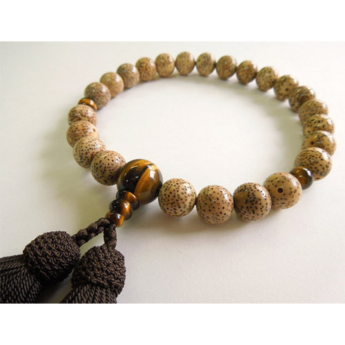 男性用念珠 星月菩提樹大玉（約11mm～12mm）片手　焦茶二五房　虎目石仕立