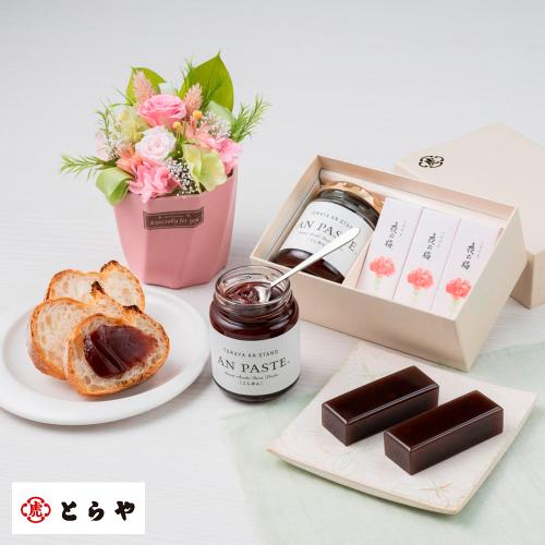 【母の日】プリザーブドフラワー「フロットン」＆＜とらや＞母の日パッケージ小形羊羹・あんペースト詰合せ1号