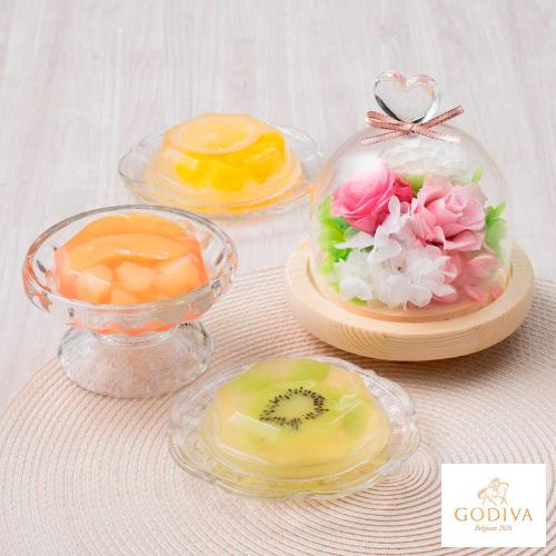 【母の日】ハートガラスドームプリザーブドピンク＆＜GODIVA＞フルーツジュレ（3個入）