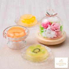 【母の日】ハートガラスドームプリザーブドピンク＆＜GODIVA＞フルーツジュレ（3個入）