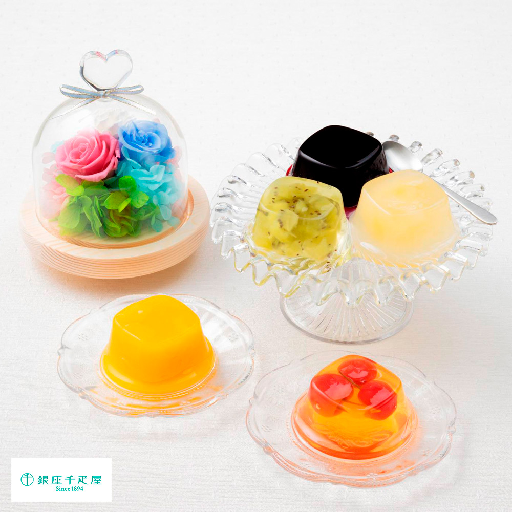 【母の日】ハートガラスドームプリザーブド　ブルー・ピンク＆＜銀座千疋屋＞銀座ゼリー6個